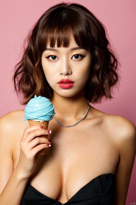  1girl, solo, looking at viewer, short hair, blue eyes, hair ornament, holding, jewelry, blue hair, collarbone, cowboy_shot, pink hair, multicolored hair, parted lips, food, artist name, necklace, nail polish, two-tone hair, lips, eyelashes, makeup, watermark, pink background, holding food, pink nails, eyeshadow, freckles, curly hair, ice cream, ice cream cone, mascara,candy , makeup , multicolored hair,lollipop, Asian girl, ((poakl)), (\shen ming shao nv\)