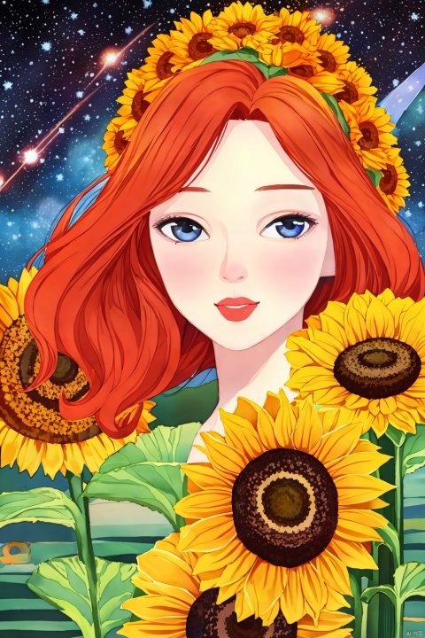  Beautiful woman, red hair, sunflower field, amber eyes, 8k, best quality, (van gogh, starry night background), detailed hair, detailed eyes