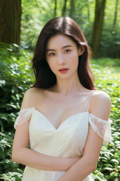 (realistic), (hyperrealism),best quality, masterpiece,ultra high res, (photorealistic:1.4),1girl,pale skin,skinny,(looking at viewer:2), ,forest, flowers, sunlight,
   , (tattered) wedding dress , bare shoulders, upper body,