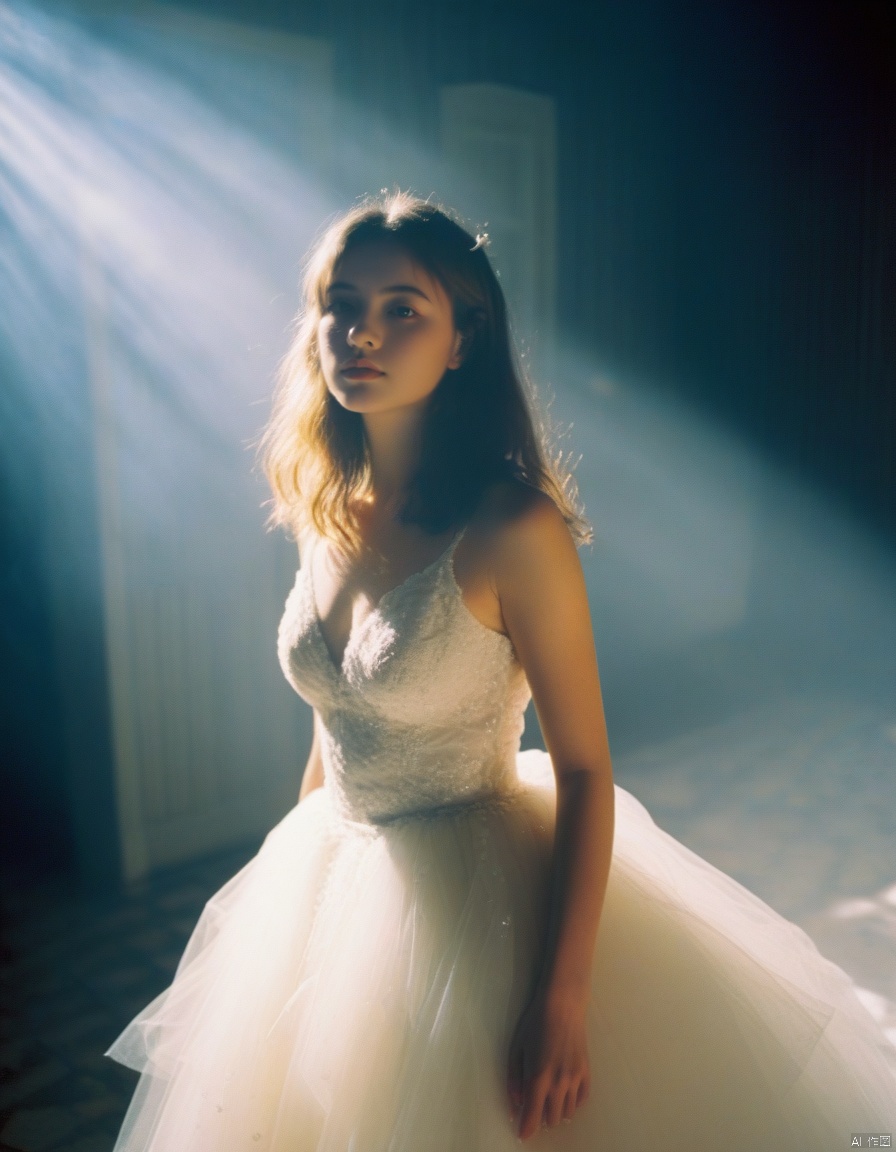  a girl close up,tyndall effect,wedding dress,foggy,dark shadow photography,surreal dramatic lighting shadow (lofi, analog),kodak film by Brandon Woelfel Ryan McGinley,
, xxmixgirl, sunlight