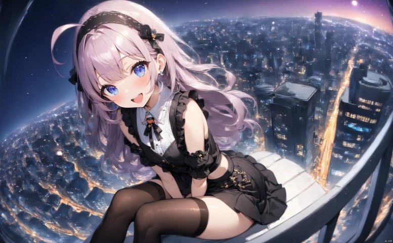  1girl, solo, ahoge, virtual youtuber, flower, looking at viewer, sitting, open mouth, smile,bangs,between legs, :d, hand between legs, purple background, feet out of frame,haoche\\\\\\\\\\\\\\The girl on the top of the building, the starry sky, the meteor crossed, the city skyline behind her was extremely beautiful, the breeze was blowing, the girl's heart was confused, her face was red, and she stroked her hair\\\\\\\\\\\\\Top view, panorama, fisheye lens,\\\\\\\\\\\\\\liuying,def clothe,1girl,black thighhighs,blue eyes,hairband,long hair,black hairband,fingerless gloves, skirt,
//BREAK,
fine fabric emphasis, maximalism, best quality, amazing quality, very aesthetic, absurdres, best quality, amazing quality, very aesthetic, absurdres, Highly detailed, best quality, masterpiece, tr mini style, Sewing doll, 3DIP