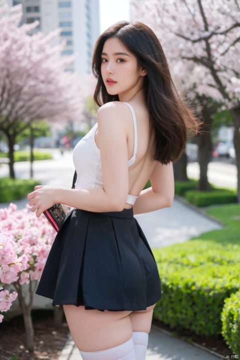  1girl,eye contact,sunlight,(JK_suit),JK_style,(dark blue JK_skirt),standing,arms behindback,white thighhighs,3d,unity 8k wallpaper,ultra detailed,beautiful and aesthetic,cherry blossoms,depth of field:1.5,black pantyhose,huge filesize,photo_(medium),reality,high quality,highres,