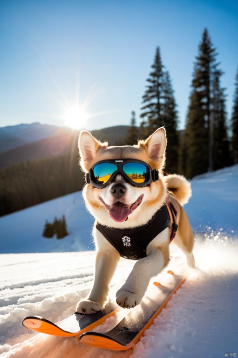  The protagonist dog, skiing in the snow, wearing protective goggles, looks at the camera, splashing snow, setting sun and forest background, dynamic shots