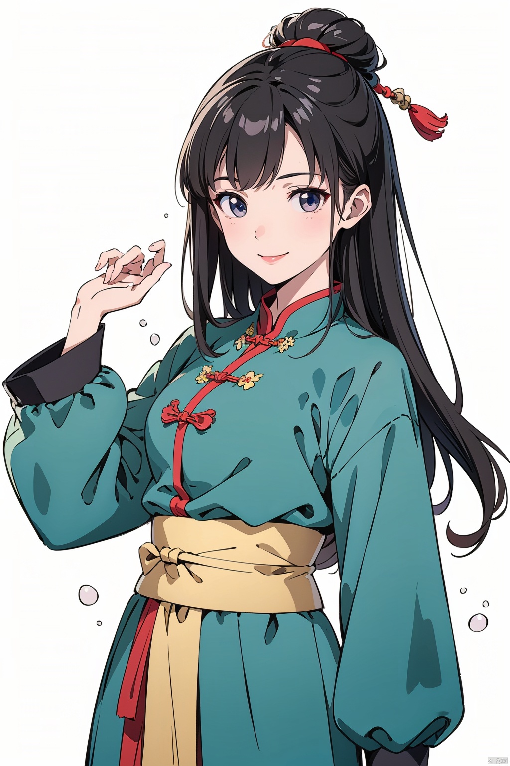  smile,squint,cool,（Middle-aged female）,facing viewer,(masterpiece:1.2), best quality,PIXIV, splashing ink,long hair, solo, Chinese clothes, white background, sash, long sleeves, bangs, gf-hd,Taoist,