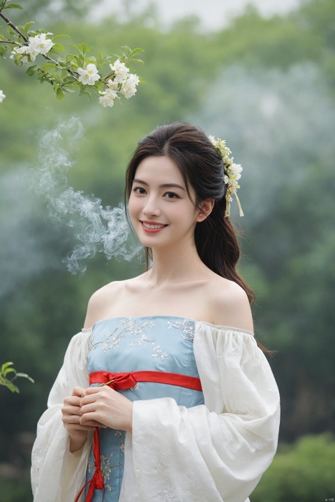  best quality, masterpiece,cowboy_shot,(Good structure),,a girl,xianjing,Off-the-shoulder, bust photo,upper body,Hanfu, Cloud, Smoke,branch,flower, smile,Gaze at the audience, Ink scattering_Chinese style, ((poakl)), ,looking_at_viewer,kind smile, , chinese dress,white dress, liuyifei,long_hair, Anne Hathaway