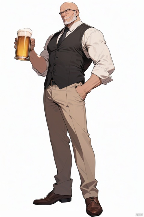  (best quality), ((masterpiece)), (highres), illustration, original, extremely detailed,jjj, bald, 1boy, male focus, solo, mug, facial hair, cup, mature male, necktie, beard, beer mug, hand in pocket, old man, pants, glasses, holding, shirt, holding cup, full body, black vest, muscular male, bara, old, smile, muscular, vest, white background, black necktie, white hair, pectorals, formal, white shirt, closed eyes