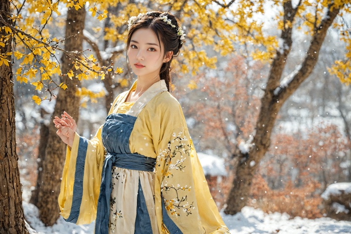  hanfu dress,a beautiful girl is standing,The Han costume of the Song Dynasty, the whole body,Flower basket,beautiful face,be affectionate,long eyelashes,high nose,Song Dynasty Hanfu, Winter, snowy days, snowfall, snow on tree tops, snow on the ground,gentle depth of field and soft bokeh,Capture the image as if it were taken on an 35mm film for added charm, looking at viewer,35mm photograph,The main color tone of the screen is yellow, with a film style (aperture1.4, ISO-100, focal length35mm), Full body, denim lens,film, bokeh, professional, 4k, highly detailed, MAJICMIX STYLE