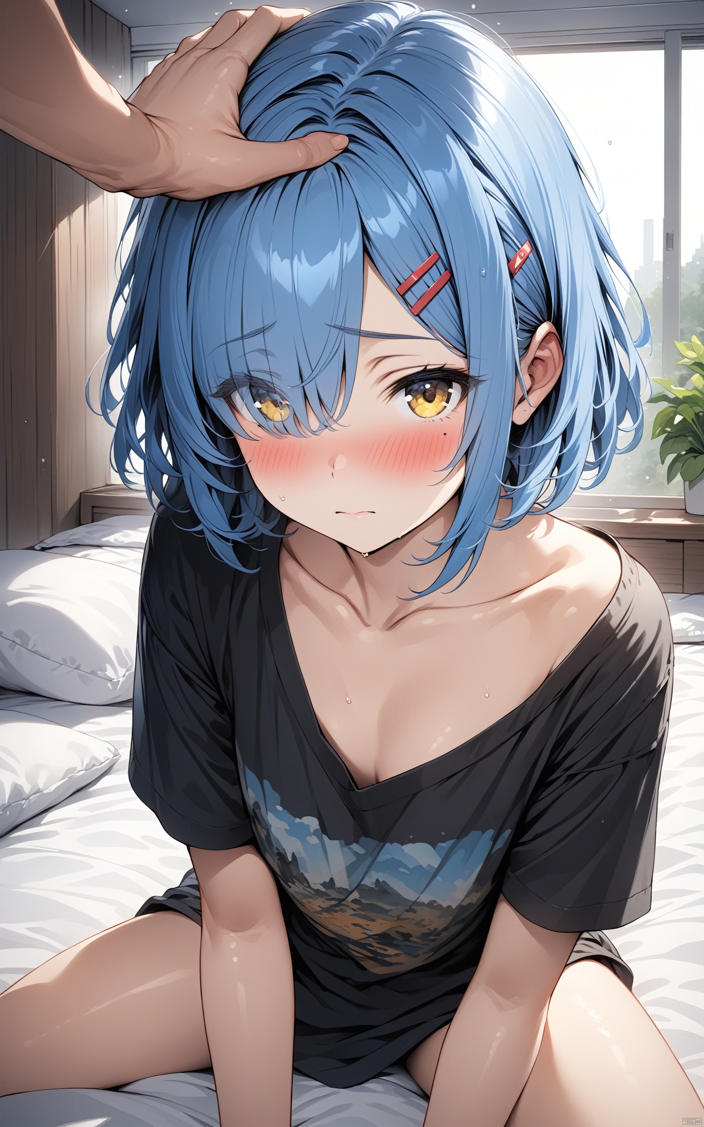  (masterpiece), (best quality), illustration, ultra detailed, hdr, Depth of field, (colorful),1girl, blue hair, shirt, blush, sitting, short hair, black shirt, yellow eyes, headpat, looking at viewer, solo focus, hair ornament, hairclip, collarbone, bangs, closed mouth, pov, short sleeves, on bed, eyes visible through hair, hair over one eye, off shoulder, mole, 3DIP