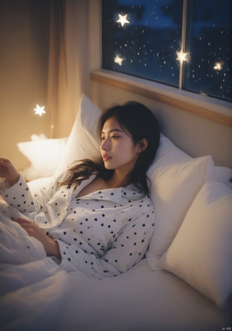  Rainy day, night, A girl, Wear cute pajamas, Lying in bed., Quiet nights, Lovely bedroom style, Warm, Star lights, Film texture, Like a picture.