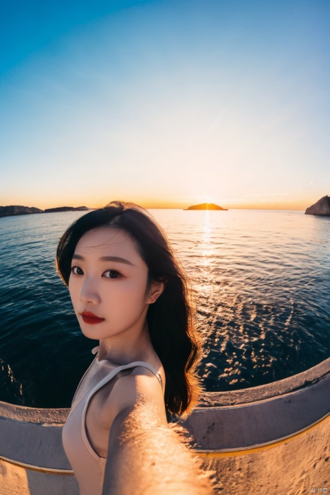  a Asian woman takes a fisheye selfie on a beach at sunset, the wind blowing through her messy hair. The sea stretches out behind her, creating a stunning aesthetic and atmosphere with a rating of 1.2, ((poakl)), poakl ggll girl