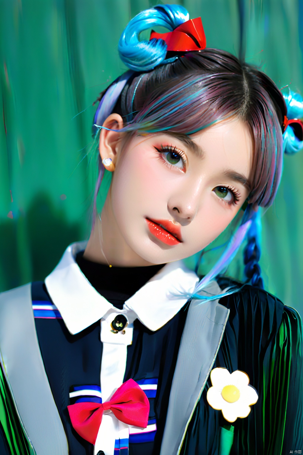  Long hair, light blue hair, pink streaks of hair, space bun hairstyle, flower hairpin, blue eyes, long-sleeve, button-up white shirt, a gray jacket with blue-green stripes, a red bow, dark blue-green pleated skirt, school background, add_detail:1, add_detail:0, add_detail:0.5, Dasha Taran