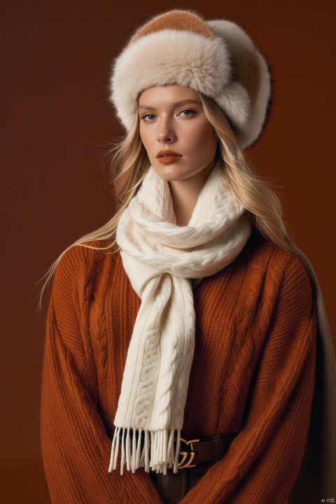  An opulent portrait by master photographer Hiroshi Sugimoto featuring 20 year old Belarusian actress Alena Blohm posed gracefully against a rich burnt orange studio backdrop, wearing an ivory cable knit Gucci Trapper hat with mink fur ear flaps and an oversized rust-colored alpaca wool fringe scarf from the 2023 Aspen collection. Captured using Hasselblad H6X with HC 2.8/100 mm lens at f/4 aperture under digitally diffused golden lighting. Alena looks subtly into the distance, gently grasping the scarf fringe while exposing her elegant neck and clavicle bone structure. Characteristic vivid yet natural color palette celebrates the luxurious textures and luminosity. Balanced composition creates a flattering fashion aesthetic.