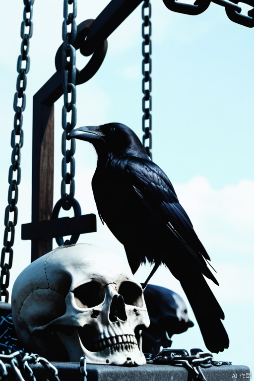  A crow sits on a large skull suspended by chains., realistic dark concept art, apocalyptic art, highly realistic concept art, detailed 4k horror artwork, 4K very detailed なデジタルアート, 4K concept art and Surrealism, stylized fantasy artwork, eerie nostalgic concept art, surreal concept art, blood spurting out, looking up to the sky, world of the dead, reminiscent of death, confusion, red liquid, flying ashes, floating objects, Giant floats, world of the dead, cross tombstones, (photo real: 1.4), shot with Canon 5D MK4, shot with Canon EOS 5D Mark IV, shot with Canon EOA 6d mark ii, very detailed texture, delicate eyes , double eyelids , very detailed , exquisite details , masterpiece , top quality , super detailed , dusty , windy