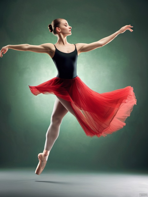  graceful ballerina, dynamic pose, flowing red skirt, black leotard, ballet dance, one leg extended, textured green background, soft vignette, classical atmosphere, vibrant, movement, beauty of dance, red and muted contrast, soft directional lighting,best quality, ultra highres, original, extremely detailed, perfect lighting