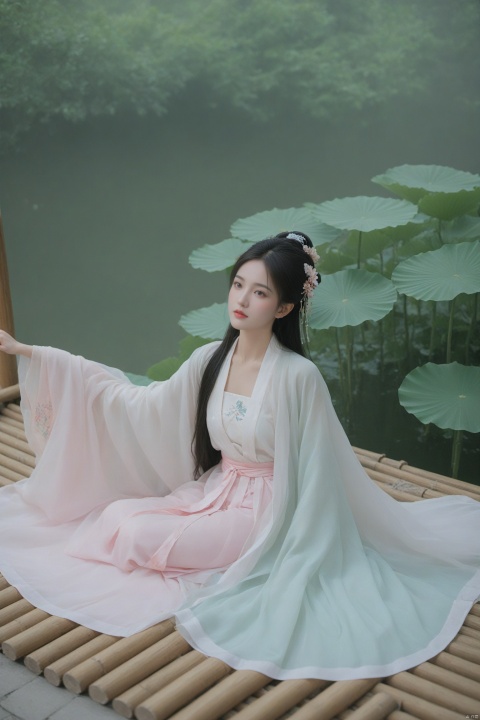  ((1girl)),solo,lying on back on bamboo mat bed in garden,paper fan,thin hanfu,foggy,(curtain),(bamboo forest),(Spread your legs and expose your vagina:1.55),tiles roof,light green and white,off shoulders,chinese painting,gongbi style,water_color,(grapevineman:1.4),(trees, artificial mountain, green lotus leaves,light pink lotus flowers),koi,wooden windows,doors,bed,stone,trandional architecture,temple,tower,wall,chinese garden,long hair,full body,bangs,(masterpiece, Extremely detailed, best quality, highres:1.2),(ultra_detailed, UHD:1.2),soft smile,nsfw,