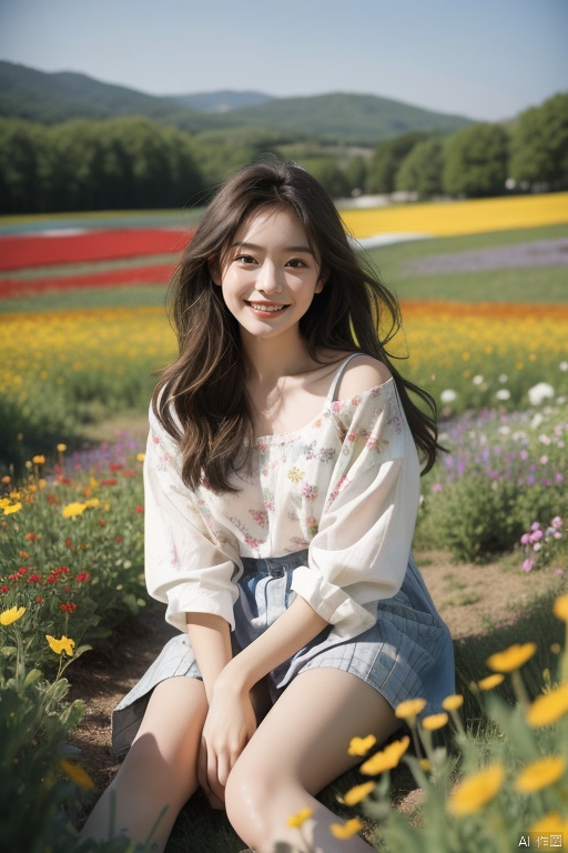  A young girl, with a mischievous grin on her face, is captured as she plays in a field of wildflowers. The flowers are in full bloom, creating a riot of color. giving the scene a distorted, dreamlike quality. The image is inspired by the works of David Hockney, with its playful, vibrant energy.Korean