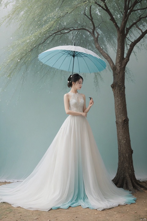  
/I Foreground a tree, Chinese beauty holding an umbrella, cyan and white color matching, ink painting minimalist style, large white space, tulle translucent material, soft gradient, perspective aesthetics