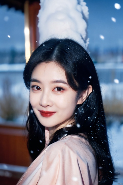  1girl, solo, black hair, red lips, looking at viewer, long hair, japanese clothes, black eyes, realistic, portrait, smile, snow, makeup, lips, closed mouth, lipstick, kimono, snowing