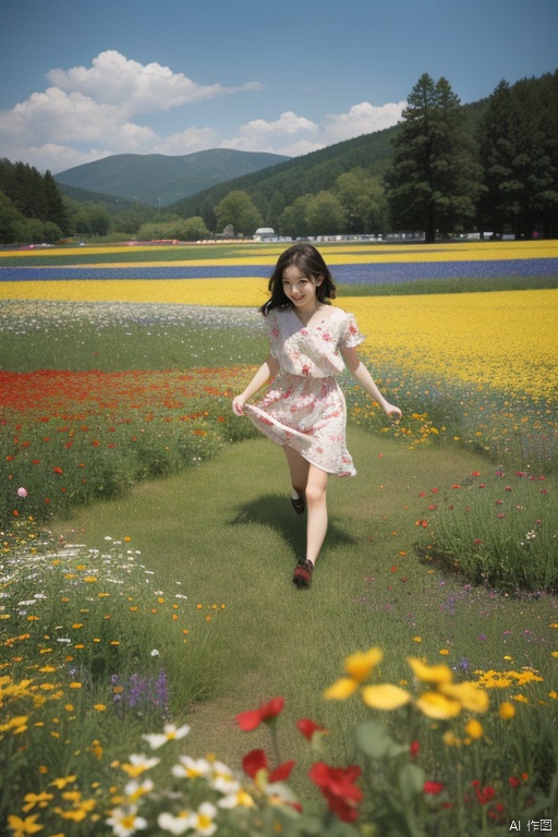 A young girl, with a mischievous grin on her face, is captured as she plays in a field of wildflowers. The flowers are in full bloom, creating a riot of color. giving the scene a distorted, dreamlike quality. The image is inspired by the works of David Hockney, with its playful, vibrant energy.Korean