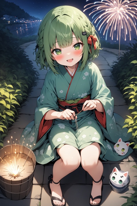  (masterpiece), (best quality), illustration, ultra detailed, hdr, Depth of field, (colorful),Nachoneko, 1girl, komeiji_koishi, solo, fireworks, heart_of_string, green_eyes, green_hair, open_mouth, japanese_clothes, third_eye, bucket, sparkler, smile, heart, wide_sleeves, sandals, kimono, looking_at_viewer, sitting, ribbon, long_sleeves, night, short_hair, outdoors, bow, blush, yukata, frills, full_body, bush, no_headwear, alternate_costume, hair_ribbon, tr mini style, Sewing doll, 3DIP