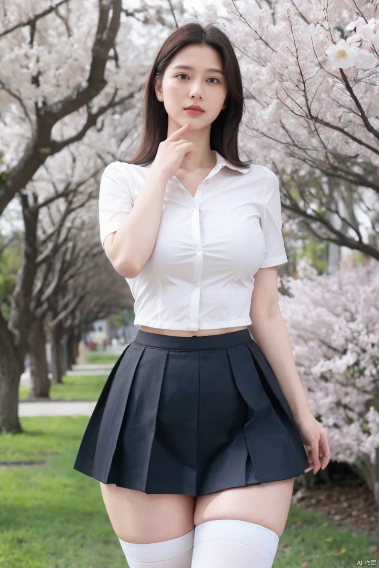  1girl,eye contact,sunlight,(JK_suit),JK_style,(dark blue JK_skirt),standing,arms behindback,white thighhighs,3d,unity 8k wallpaper,ultra detailed,beautiful and aesthetic,cherry blossoms,depth of field:1.5,black pantyhose,huge filesize,photo_(medium),reality,high quality,highres,