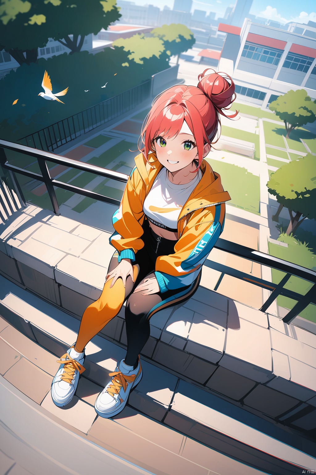  Bird&#39;s eye view, from above, fish eye view, perspective, stylish girl, smiling face, jacket, crop top, high waist leggings, designer sneakers, loose bun, jewelry, sitting on steps, focus on face, steps , railings, campus scenery, plants, architecture, bold colors, rich pictures, dynamic poses, perspective, dynamic,