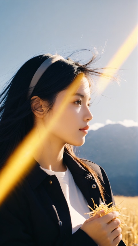  from side,1girl,solo,realistic,jacket,black hair,black headband,Unruly hair,Golden straw,cloud,lens_flare,Natural light,portrait,Grey Film filter,(KODAK Ektar 100:1.2), 1girl, light master