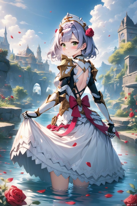  (masterpiece), (best quality), illustration, ultra detailed, hdr, Depth of field, (colorful),[Xnkzzmcz],[iumu],noelle (genshin impact), 1girl, solo, short hair, braid, armor, looking at viewer, green eyes, petals, wading, flower, skirt hold, rose, hair ornament, grey hair, maid headdress, looking back, water, shoulder armor, red rose, red flower, dress, maid, bangs, from behind, armored dress, gauntlets, hair flower, blush, standing, Illustration