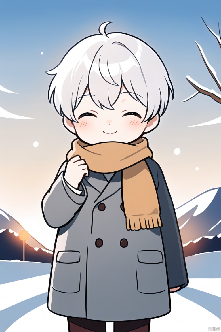  Solo, Blush, a little boy, smile, body, eyes closed, white hair, male focus, outdoor, bag, scarf, graycoat,child,Boy,气质男孩,围巾小孩,山水如画,雪景, Illustration