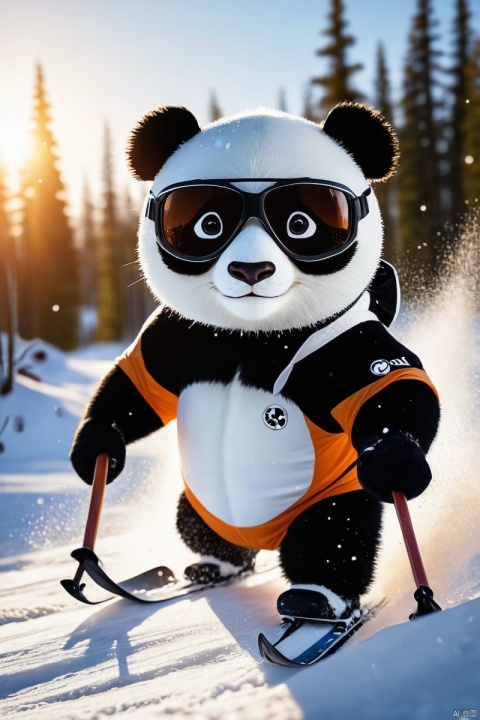  The protagonist panda, skiing in the snow, wearing protective goggles, looks at the camera, splashing snow, setting sun and forest background, dynamic shots