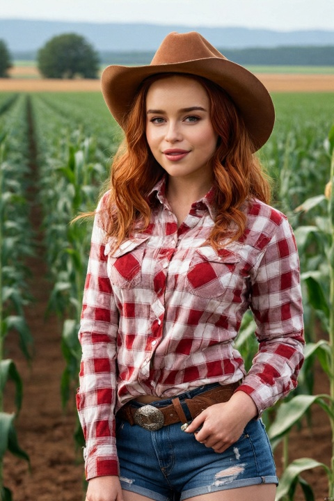  Illustration,full body,from distance,(best quality, masterpiece, realistic, detailed),beautiful girl,american,red hair,blushing,smirk,(open checkered red and white flannel shirt, Tight jeans shorts, leather belt, cowgirl hat, cowgirl boots),very tall corn field,corn plants, emilia clarke