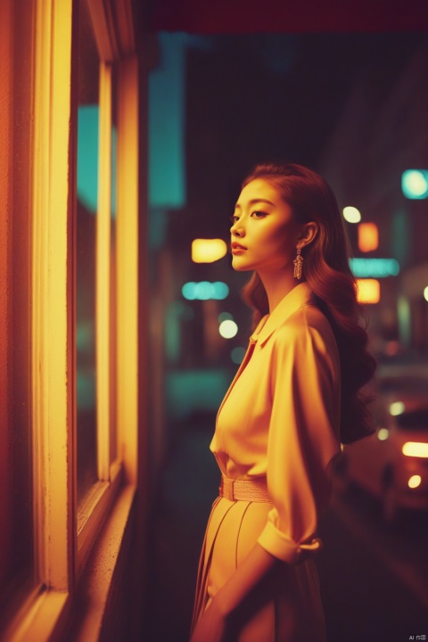 A portrait photography,neon night,a girl standing at a street-facing window looking out into the street,light dapper and trance,full of unrealistic feelings,psychedelic,elegant,sexy and a touch of nostalgia,soft light,soft tones,dreamlike quality,emotion,atmosphere,fashion magazines,celebrity photography,by Guy Aroch,shot on Lomography Redscale XR 50-200,Chinese beauty