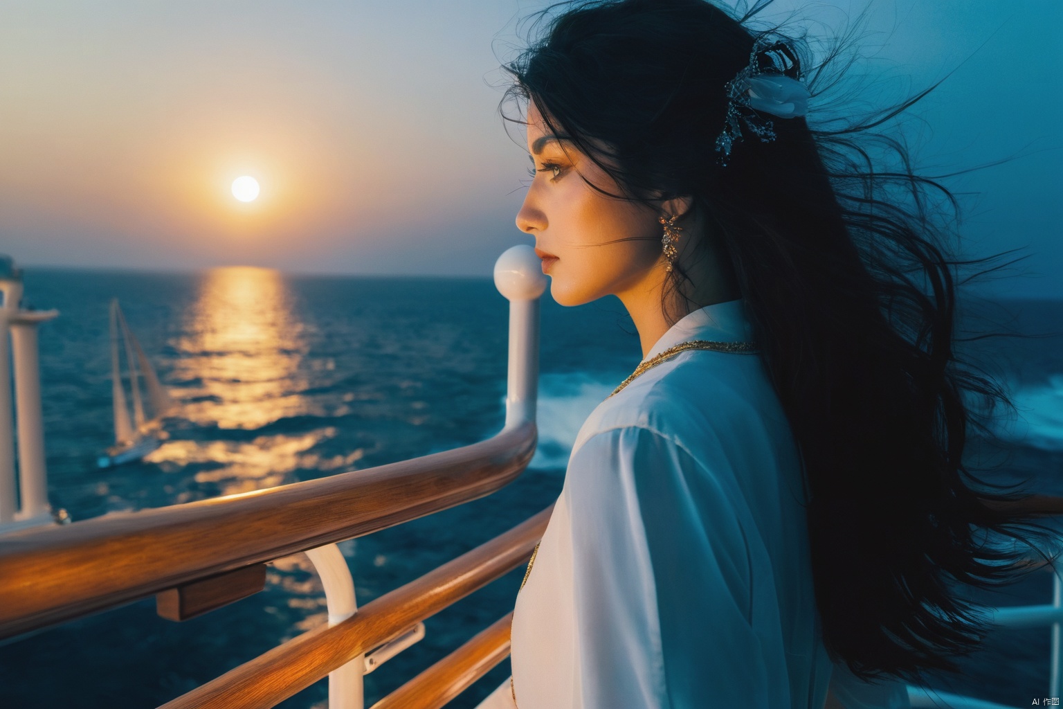  Girl, female focus, ocean, beach, naval, modern media, waves, sunrise, cruise ship, moon, yacht, sea.