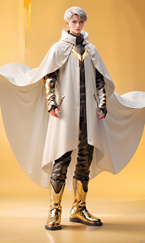  (masterpiece),(best quality),
yellow background,Solid color background,
1 boy,over 20 years old,outgoing,sunny and handsome,
black boots,Silver short hair, solo,
gold cloak, elegant futuristic wardrobe, futuristic clothing, wearing a flowing cloak, modern clean white armor, futuristic fashion clothing, , TAI, Tai, (best quality), concept art