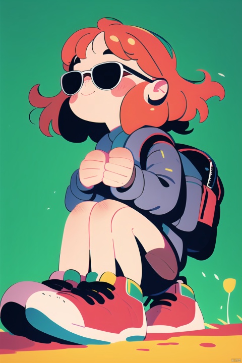  (Masterpiece), (Best quality), Q Edition, 2.5 head body, 1 girl, motorcyclist, Happy, solo, Red hair, Simple background, feathered hair, sunglasses, shoes, long sleeves, jacket, Backpack
