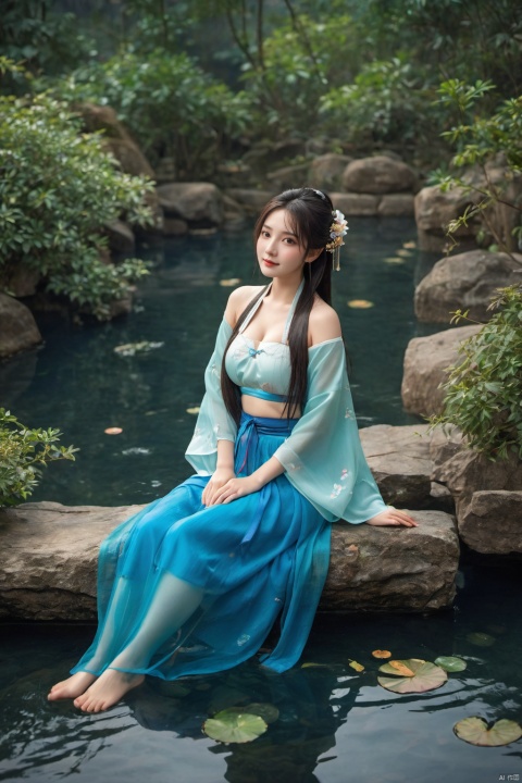  photo,Ultra-realistic,bottu,1girl,A shy smile,chinese hanfu,Bare shoulder,best quality, masterpiece, ultra-high resolution, HDR, UHD, 64K, official art,(photorealistic), (realistic),depth of field,outdoors,(night),(dim light),(onsen, flower arrangement),floating hair,long hair,dark brown hair,(full body),arms at sides,seductive pose,(wedge heels),(blue pantyhose),pencil skirt,(sitting),(large breasts),(solo_focus),looking_at_viewer,(fit and petite body, busty),(curvy),(under the water),(wet hair, wet shirt),