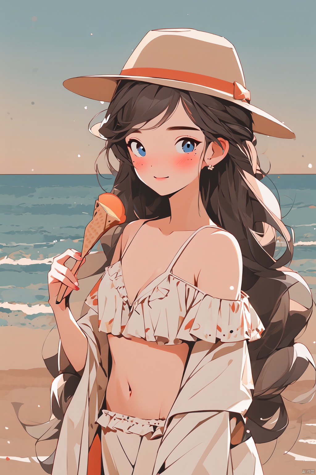  1girl, solo, hat, long hair, blue eyes, ice cream, straw hat, swimsuit, bikini, holding, food, looking at viewer, white hair, white bikini, blush, mole under eye, frills, mole, bangs, flower, outdoors, closed mouth, bare shoulders, navel, very long hair, frilled bikini, (\ji jian\)