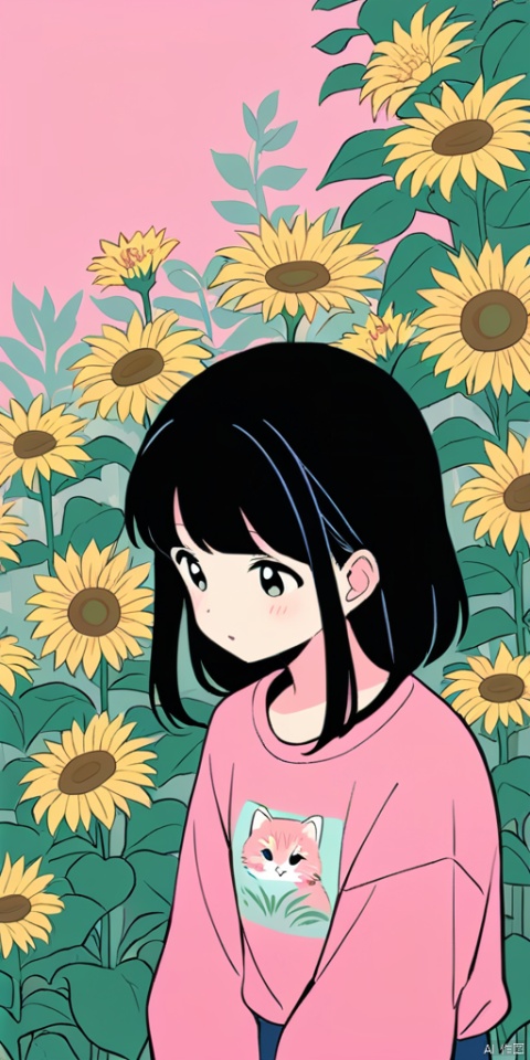  (Flat color: 1.2), imitating French retro style, with a macaron background and an overall non crowded image. A girl is surrounded by flowers and plants in the flower bushes, dressed in a T-shirt, without a headdress, and with short black hair; The screen content presents many types of flowers in the spring outdoor natural garden (with roses, lilies, sunflowers, roses, etc. as diverse as possible), with a soft and clear image quality; Picture elements added with pink leopard, heart-shaped pattern
