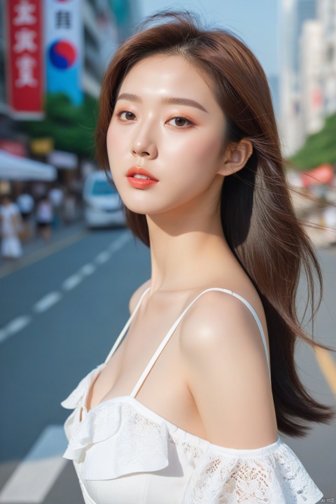  Bust photo taken by the world's top photographer, hot summer, a Korean super top beauty, delicate and flawless face, beautiful and moving eyes, small lips, perfect figure, brand-name clothes, standing on the city street looking at you