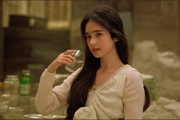  sdmai, fanhua, 1girl, solo, long hair, blurry, looking at viewer, brown eyes, brown hair, bottle, depth of field, parted lips, lips, cup, realistic, drinking glass,