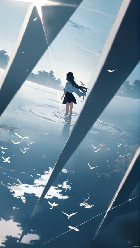  1girl, brown hair, long hair, closed eyes, (above ground), (water surface, reflection, surrounded by white birds), ((from above)), blurry, (full body, wide shot, panorama), (grey background), (shining, fog), xiqing