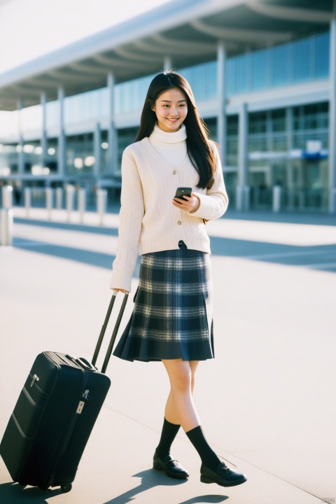 An elegant graceful beautiful young Asian girl wearing winter skirt with a luggage answering her phone, one girl, standing, airport, smiling, waiting for a car, city street, winter sunny weather, daylight, realistic, real photography, 50mm,film grain, reality,