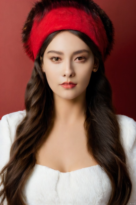  masterpiece, best quality, 1girl, red background, black hair, Long curly hair, face front, ((red fashion silk lone costume with red swirling vortexes pattern)), ((Red Plush Fur Hat)), emotional face, (close up portrait), make up, studio light, studio, ((poakl)), poakl ggll girl