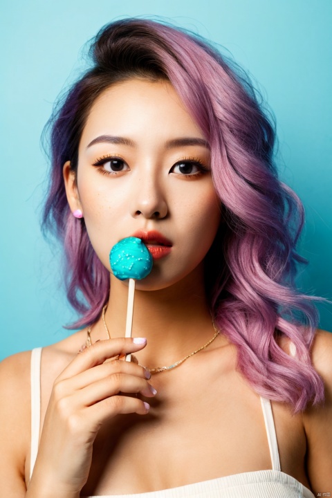  1girl, solo, looking at viewer, short hair, blue eyes, hair ornament, holding, jewelry, blue hair, collarbone, cowboy_shot, pink hair, multicolored hair, parted lips, food, artist name, necklace, nail polish, two-tone hair, lips, eyelashes, makeup, watermark, pink background, holding food, pink nails, eyeshadow, freckles, curly hair, ice cream, ice cream cone, mascara,candy , makeup , multicolored hair,lollipop, Asian girl, ((poakl)), (\shen ming shao nv\)