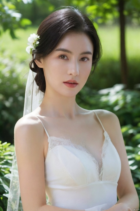 (realistic), (hyperrealism),best quality, masterpiece,ultra high res, (photorealistic:1.4),1girl,pale skin,skinny,(looking at viewer:2), ,forest, flowers, sunlight,
   , (tattered) wedding dress , bare shoulders, upper body,