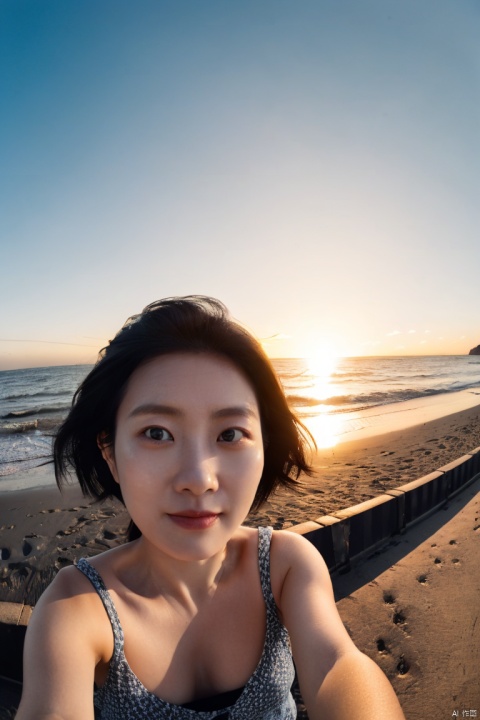  a Asian woman takes a fisheye selfie on a beach at sunset, the wind blowing through her messy hair. The sea stretches out behind her, creating a stunning aesthetic and atmosphere with a rating of 1.2, ((poakl)), poakl ggll girl