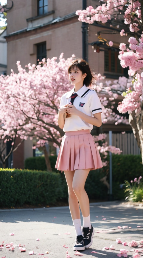  Best Quality, masterpiece, 16K, JK, uniform, 1 girl, blonde short hair, school uniform, pink skirt, sneakers, body, outdoor, petals falling, cherry blossom background, sports blurred background