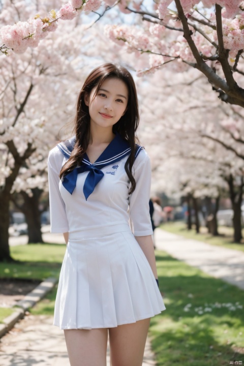  A radiant high school girl in a classic sailor uniform stands in a sunlit courtyard, surrounded by blooming cherry blossom trees, evoking a sense of nostalgic charm and carefree school days.