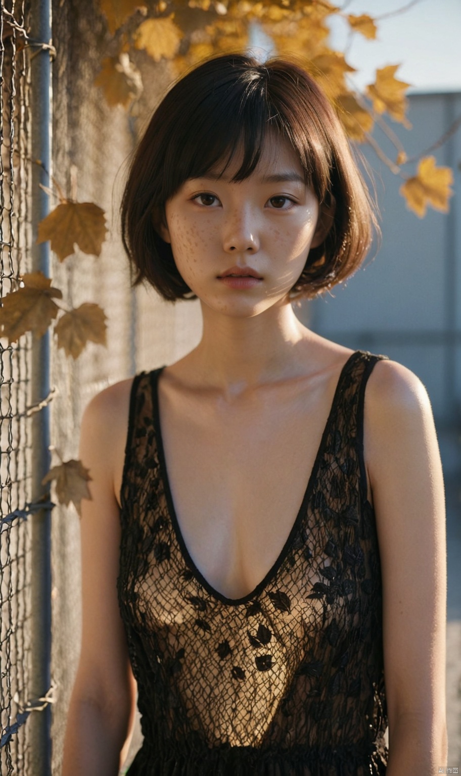  Photographer Toshio Sato's shooting style features fresh Japanese tones and Fuji cameras,with a 35MM lens. In the setting sun and golden moments,a bust of a young girl is captured in close-up shots with short hair and melancholic gaze. The black camisole dress (obstructed composition with blurred leaves in the foreground:1.6),the girl leaning against a barbed wire mesh (mottled light and shadow, clear focus, sharp image:1.6),emotional and atmospheric,with a golden realistic style. Portrait photography features lens flares,