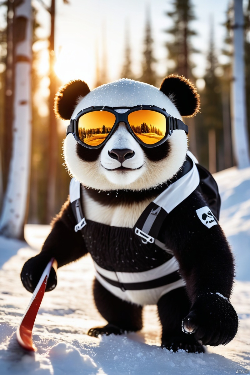  The protagonist panda, skiing in the snow, wearing protective goggles, looks at the camera, splashing snow, setting sun and forest background, dynamic shots